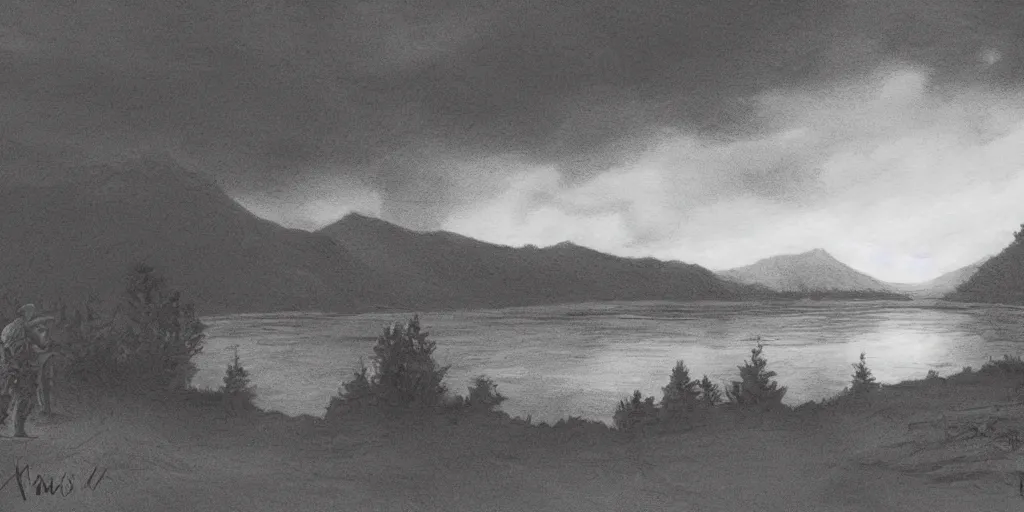 Image similar to A majestic landscape featuring a river, mountains and a forest. There is a group of armed soldiers smoking cigarettes and staring at the sunset. Cinematic, very beautiful, pencil drawing