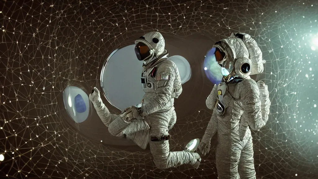 Image similar to a single astronaut eva suit interwoven with diamond 3d fractal lace iridescent bubble 3d skin and covered with insectoid compound eye camera lenses floats through the living room, film still from the movie directed by Denis Villeneuve with art direction by Salvador Dalí, wide lens,