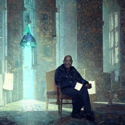 Image similar to a portrait of bill cosby surrounded by liquor bottles radiating holy light in the church,in the style of greg rutkowski,epic lighting,Postmodernism style,Masterpieces,oil on canvas