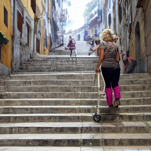 Prompt: a blonde woman with a fat Indian woman holding a rollator on steps in Porto, greg rutkowski
