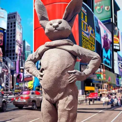 Image similar to a realistic clay sculpture of a funny bunny made by michelangelo, standing in times square, 3 d render, hyper detailed, sharp focus, 8 k resolution