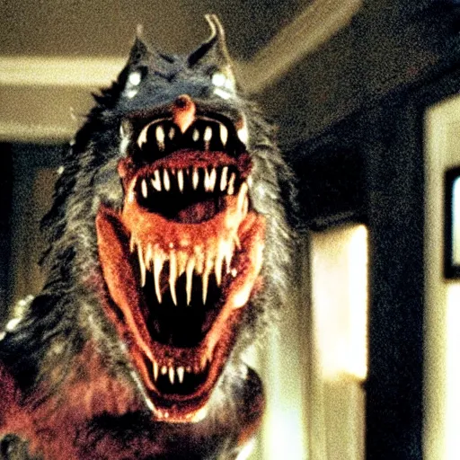 Image similar to film still of a funny looking werewolf with his hand extended in an american werewolf in london