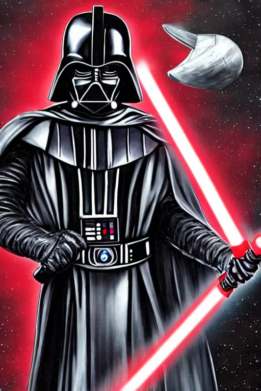 Image similar to Elon Musk portrayed as Darth Vader, holding his helmet under his arm, wearing his power armor and red lightsaber, luigi lucarelli's style