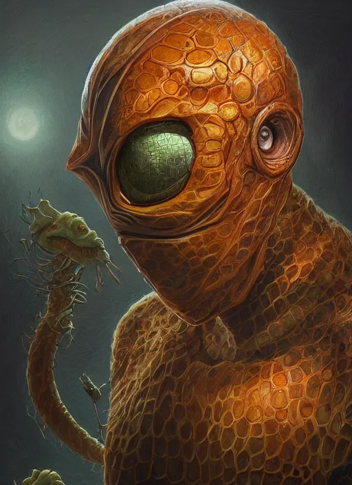 Image similar to aquatic mf doom reptile eyes, orange skin. intricate, elegant, highly detailed, centered, digital painting, artstation, concept art, smooth, sharp focus, illustration, artgerm, tomasz alen kopera, peter mohrbacher, donato giancola, joseph christian leyendecker, wlop, frank frazetta