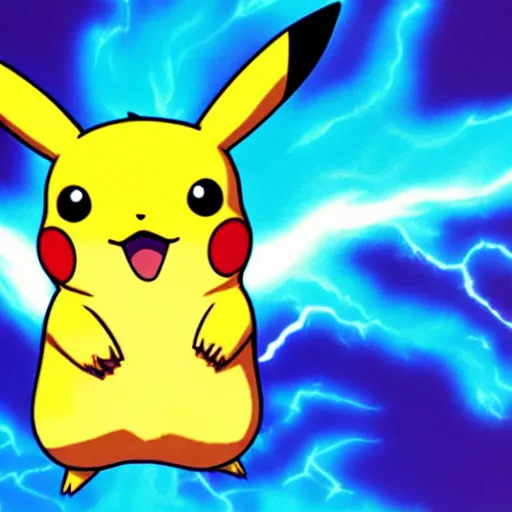 Prompt: pikachu with deep blue skin shooting bright electric lightning out of his ears in the style of pokemon anime def 8 k