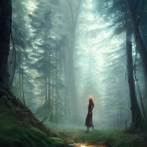 Image similar to beautiful landscape of a mystical forest clearing, oil painting, Artgerm, Charlie Bowater, Greg Rutkowski, noon glow, unreal 5, DAZ, hyperrealistic, octane render, RPG landscape, dynamic lighting, fantasy art, beautiful landscape