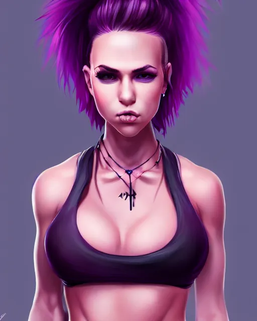 Image similar to cute female punk, perfect face, black halter top, purple hair, abs, cinematic, blush, stunning, athletic, strong, agile, highly detailed, smooth, hard focus, digital art, illustration, artstation