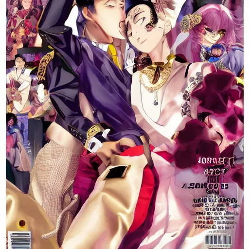 Image similar to Magazine Cover Anime key visual of a Gucci girl; official media; typography; drawn by Hirohiko Araki; Jojo's Bizarre Adventure; Jojolion, portrait, made by Stanley Artgerm Lau, WLOP, Rossdraws, James Jean, Andrei Riabovitchev, Marc Simonetti, Yoshitaka Amano, ArtStation