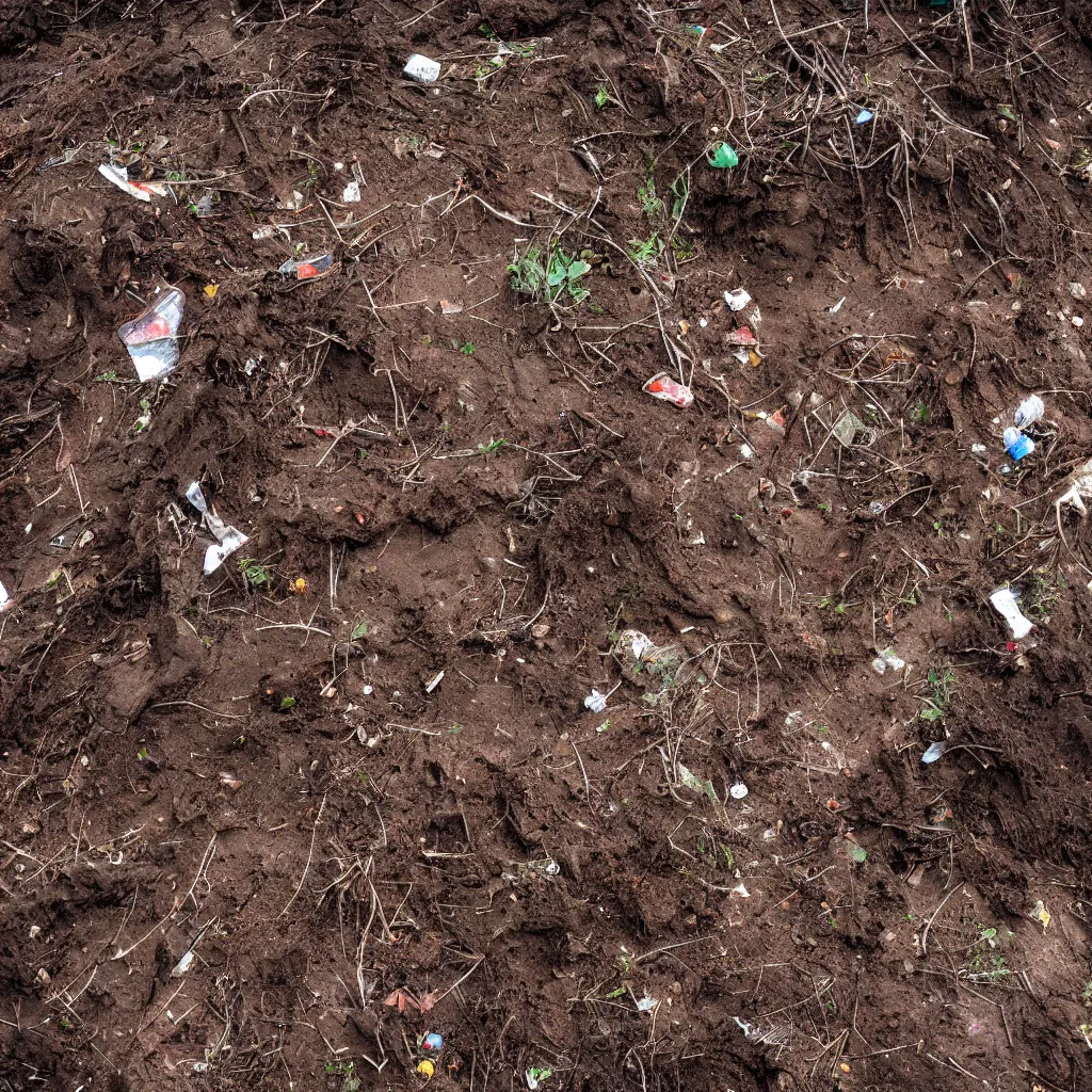 Prompt: a high camera topdown picture of nightmare horror dirt with trash, bricks, giant thick tree roots and many muddy dark faces rising from the ground. dark.