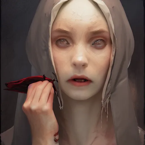 Image similar to a vampire showing her fangs, wearing a conical dunce cap and covering her eyes, ultra high detailed, oil painting, greg rutkowski, charlie bowater, yuumei, yanjun cheng, unreal 5, daz, hyperrealistic, octane render, rpg portrait, dynamic lighting