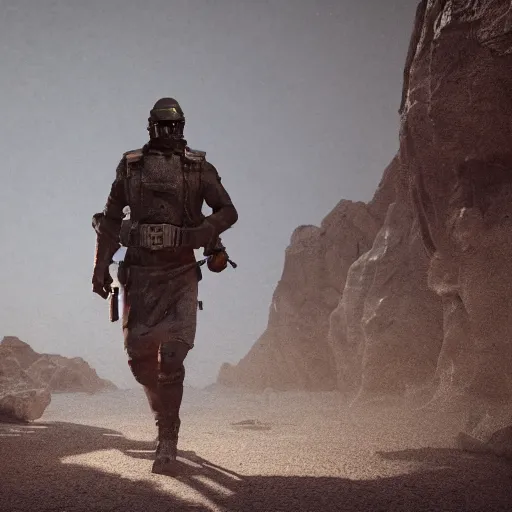 Image similar to NCR Ranger walking through a harsh desert storm, cinematic, 4k, detailed, trending on ArtStation, unreal engine 5