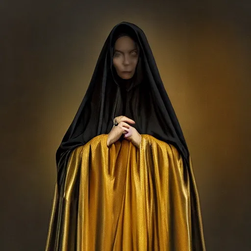 Image similar to a portrait of a young woman wearing a long dark cloak, hood and shadows covering face, holding golden chains, oil painting, matte painting, black background, Volumetric Golden dappled dynamic lighting, Highly Detailed, Cinematic Lighting, Unreal Engine, 8k, HD, by Beksinski