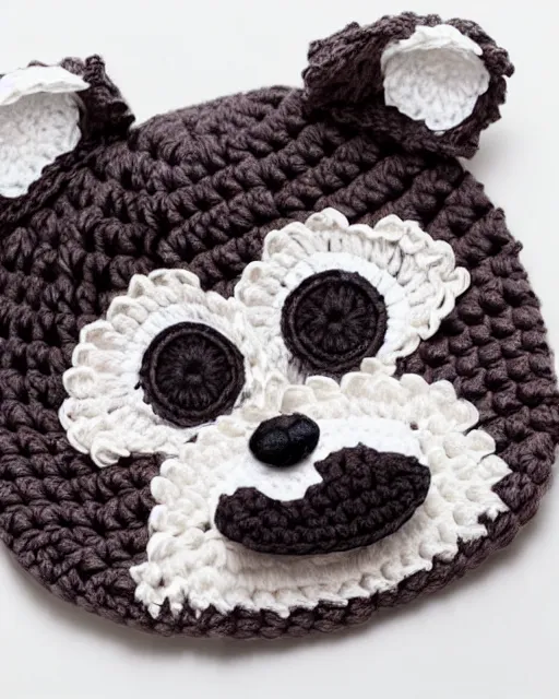 Image similar to a crocheted raccoon hat, very detailed, animal hat, cute details, product photo, promotional image, sharp focus, studio lighting. fzd school of design