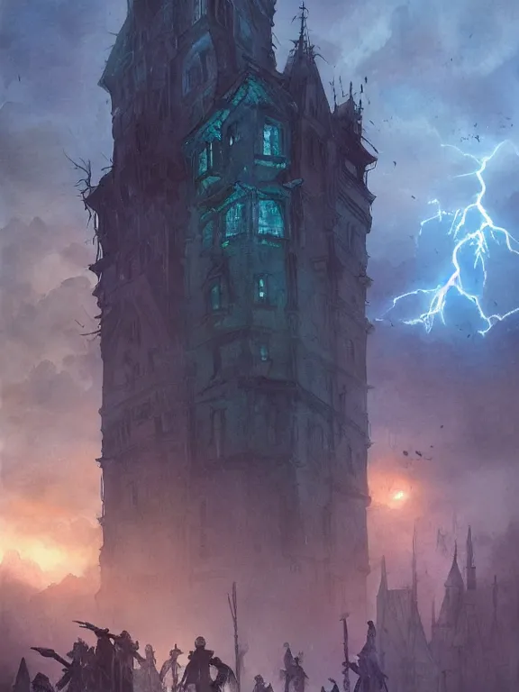 Prompt: a group of urban fantasy adventurers approach a tall and foreboding haunted house at sunset, teal spectral denizens rise from windows, magical realism, three heroes, prepared protagonists, journeyman exorcists, detailed realistic watercolor by greg rutkowski and kwanchai moriya, haunting, ominous, exciting, solemn, lightning study