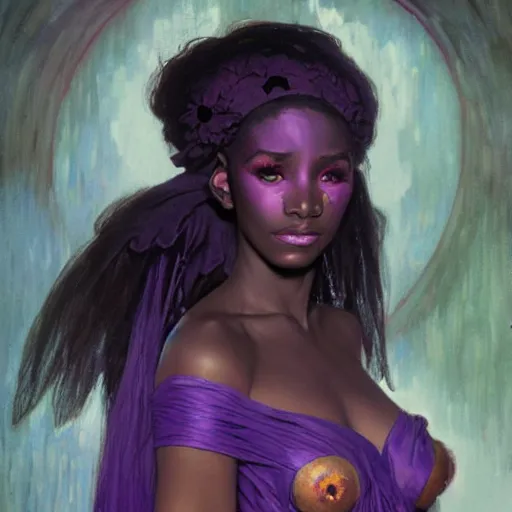 Image similar to half length portrait of a beautiful female drow elf warlock, black skin, violet magic, royo, klimt, miro, vallejo, frazetta, alphonse mucha, greg rutkowski, whealan