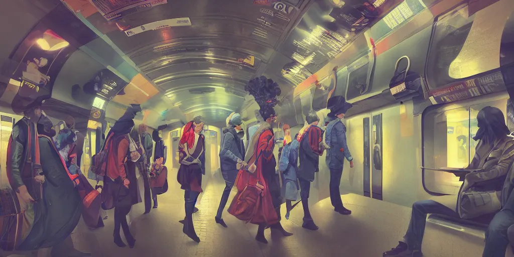 Prompt: london subway people, colorful, contrast, depth of field, 3 d scene, render, greg rutkowski, zabrocki, karlkka, jayison devadas, trending on artstation, 8 k, ultra wide angle, zenith view, pincushion lens effect