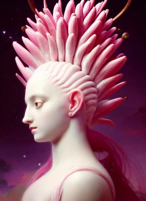 Prompt: stunning alien godess princess, detailed pink and white protea head peace against a black backdrop by ivan aivazovsky, 3 / 4 view portrait, wlop, super sharp details, photorealism, canon 5 d, 5 0 mm lens, stunning photoshot, beautiful soft lighting, muted colours, artstation