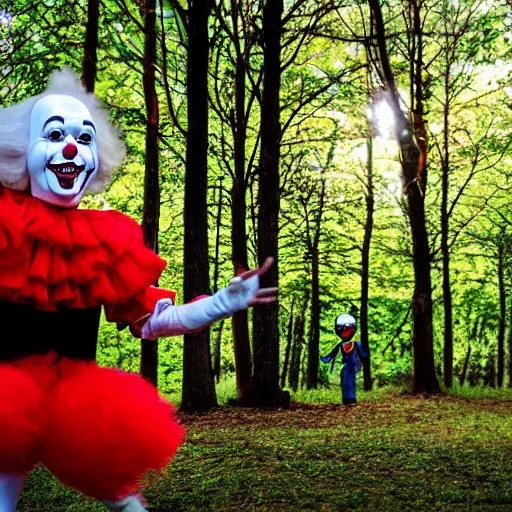 Prompt: pennywise clown hiding behind a tree watching little boy walking in a forest