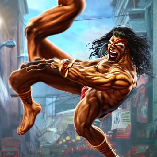 Prompt: jason momoa as dhalsim street fighter, high kick, ultra realistic, concept art, intricate details, highly detailed, photorealistic, octane render, 8 k, unreal engine, art by frank frazetta, simon bisley, brom