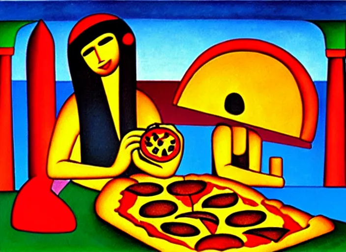 Image similar to a temple to pizza by Tarsila do Amaral