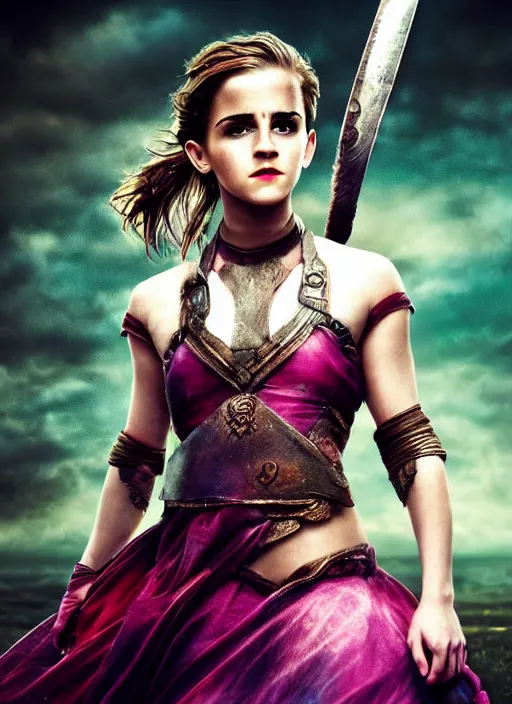 Prompt: hyper realistic photo of warrior pincess emma watson, full body, rule of thirds, conceptart, saturated colors, cinematic,