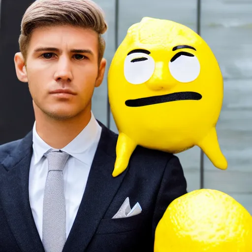 Image similar to a man wearing a suit lemon head