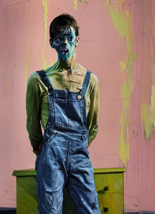 Image similar to an insane, skinny, artist wearing dirty, torn overalls, expressive painting, inside a grand messy studio, depth of field, hauntingly surreal, highly detailed oil painting, by francis bacon, edward hopper, adrian ghenie, glenn brown, soft light 4 k in pink, green and blue colour palette, cinematic composition, high quality octane render, masterpiece