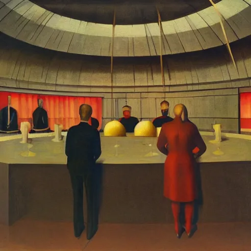 Prompt: three brutalist judges with glowing eyes, inside a dome, pj crook, grant wood, edward hopper, syd mead, chiaroscuro, oil on canvas