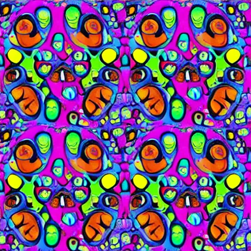 Prompt: colorful 3 d autostereogram illusion puzzle with psychedelic mushrooms dancing among a tie dye desert of peyote | symmetrical seamless tile