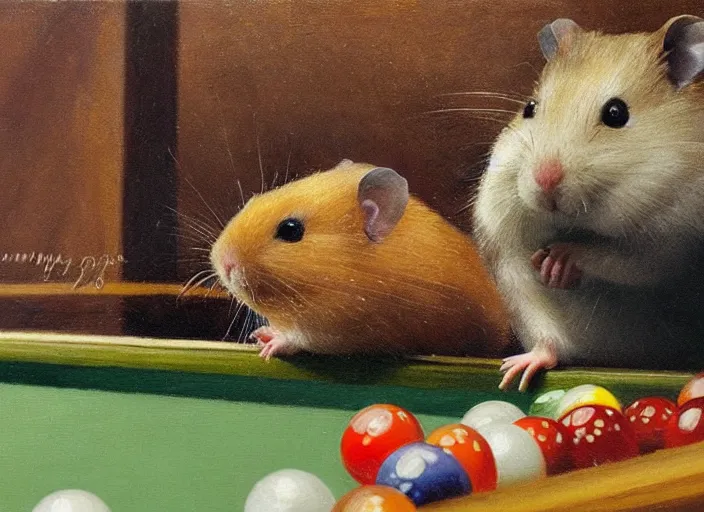 Image similar to a highly detailed beautiful portrait of a hamster playing pool, by gregory manchess, james gurney, james jean