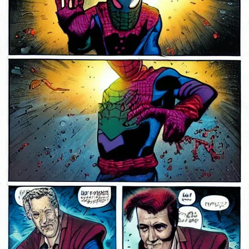 Prompt: Bruce Campbell as mysterio fighting spiderman with a chainsaw hand