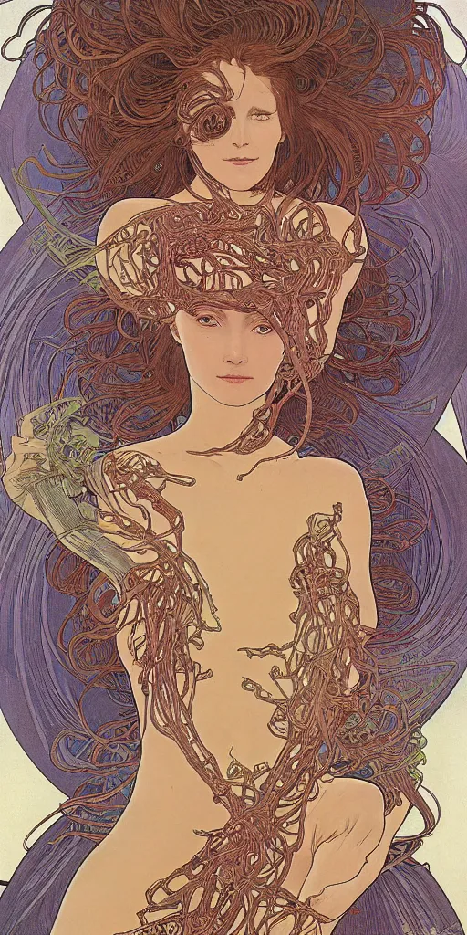 Image similar to a woman splits open and hundreds of centipedes crawl from her wounds, 8 k, ultra realistic, moebius alphonse mucha, junji ito,