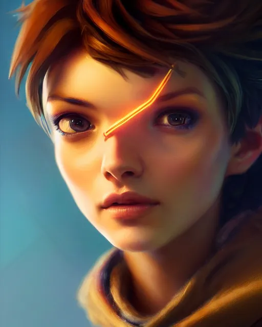 Image similar to play of the game of tracer, perfect face, brown hair, abs, cinematic, stunning, cute, adorable, strong, highly detailed, psychedelic, digital painting, artstation, smooth, hard focus, illustration, art by jessica rossier and and brian froud