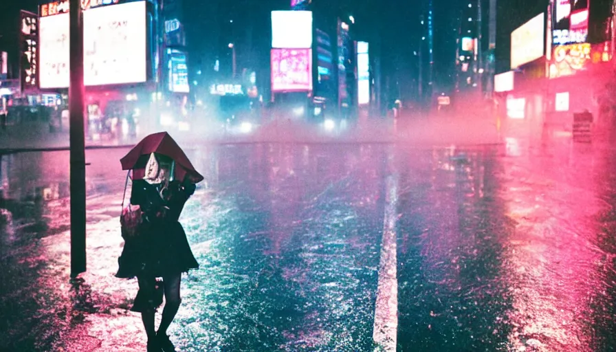 Image similar to street of shibuya photography, night, rain, mist, a girl with pink hair, cinestill 8 0 0 t, in the style of william eggleston