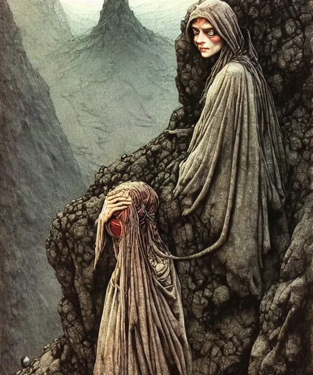 Prompt: A detailed gray-eyed fishheaded woman stands among the mountains with a pebble in hands. Wearing a ripped mantle, robe. Extremely high details, realistic, fantasy art, solo, masterpiece, art by Zdzisław Beksiński, Arthur Rackham, Dariusz Zawadzki