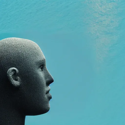 Image similar to award winning sculpture of a human head and space, on the surface of the ocean, realistic water, ray tracing, 8 k resolution, long - shot, sharp focus, low angle, 8 5 mm photograph, wide lens