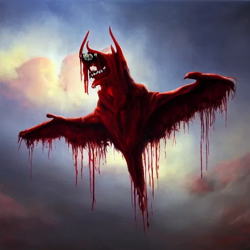 Image similar to realistic painting of a huge bloody satanic figure flying in the sky by michael whelan, ultra realistic, 8 k, streched and creepy painting. trending on, octane renderer, mesmerizing, aesthetic, beautiful