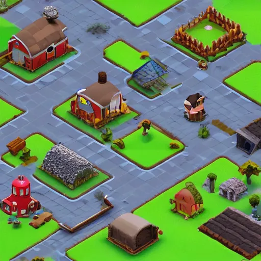 Prompt: collection of isometric farm buildings sprites on a solid background, clash of clans style, modular game dev art