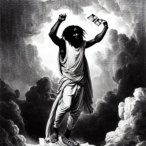 Image similar to cheef keef ascending into heaven holding stacks of cash, biblical image, style of gustave dore, highly detailed, beautiful, high contrast, black and white