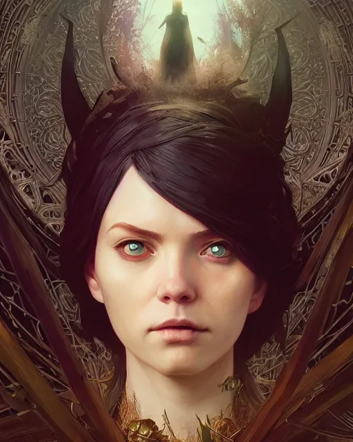 Image similar to highly detailed vfx - portrait of a witch, beautiful eyes, complex epic composition, unreal engine, greg rutkowski, only, once, people, makoto shinkai and louis van baerle, ilya kuvshinov, rossdraws, tom bagshaw, alphonse mucha, global lighting, detailed and complex environment, masterpiece