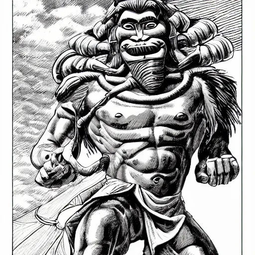 Prompt: precisely drawn illustration of a giant statue shaped like Hanuman, wide angle, sharp, fine details, French comic style, vibrant realistic colors, full color, heroic fantasy, intense line art, 8k, precise linework, realistic, in the style of Heavy Metal Comics and Richard Corben and Moebius