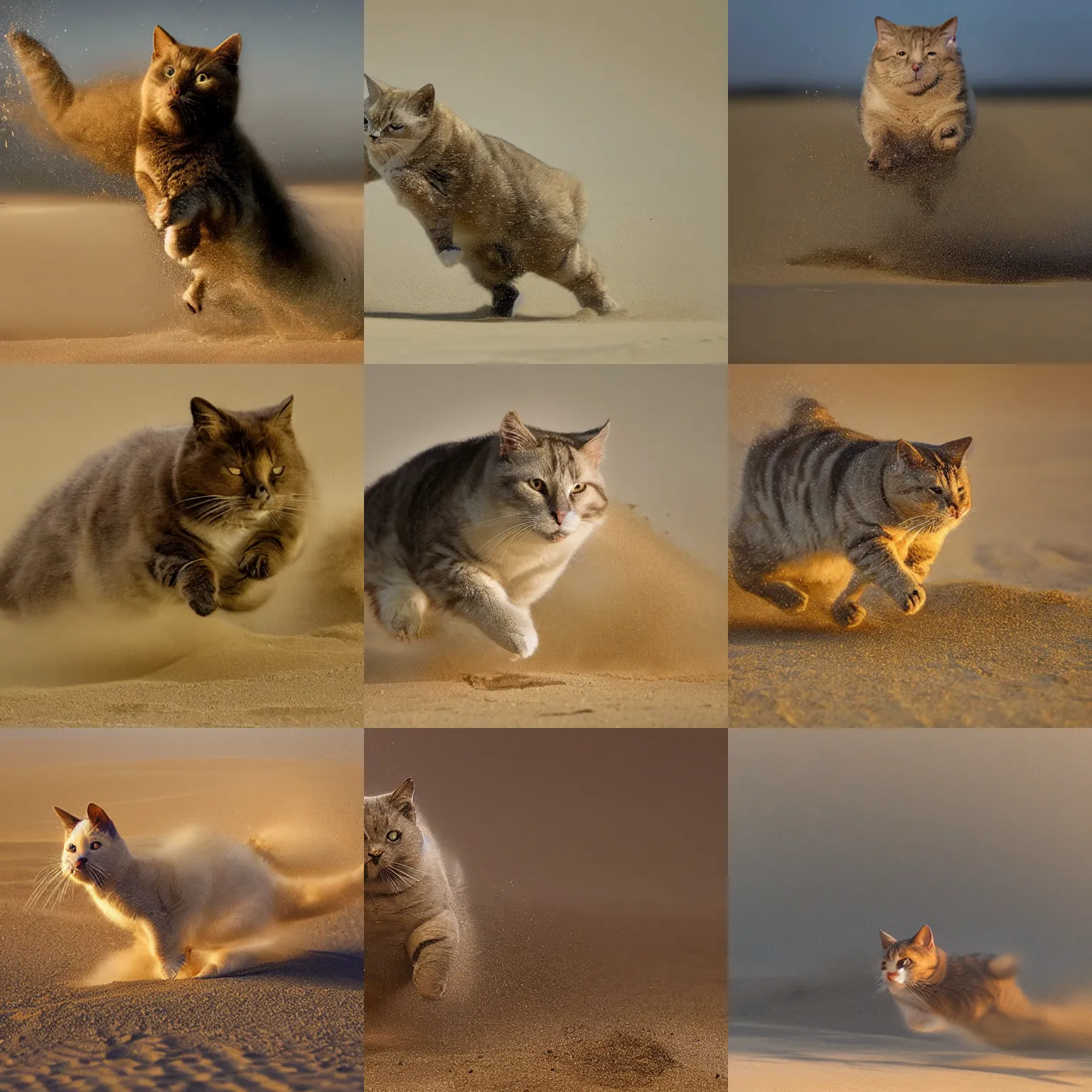 Prompt: award winning wildlife photography, a fat house cat merging from the sand, high midair shot, running towards the camera, straight shot, high shutter speed, dust and sand in the air, wildlife photography by Paul Nicklen, shot by Joel Sartore, Skye Meaker, national geographic, perfect lighting, blurry background, bokeh
