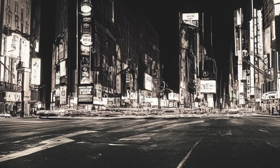 Image similar to photo of the streets of new york city at night, 4k, grainy, film photography