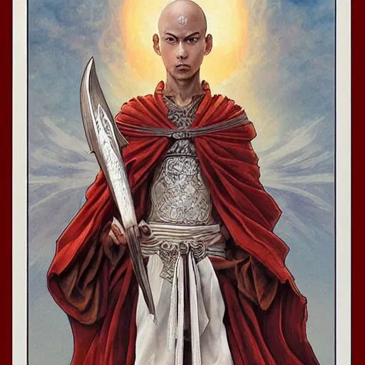 Prompt: warrior monk, fantasy character, soft light, white background, intricate detail, intricate oil painting detail, sharp high detail, manga and anime 2000, tarot cards, Katsuhiro Otomo