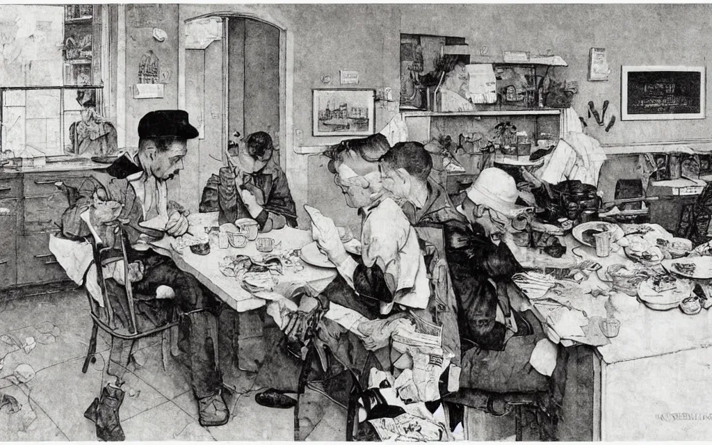 Prompt: benjamin netayahu eating breakfast in his kitchen, newspapers on the table and counter, by norman rockwell