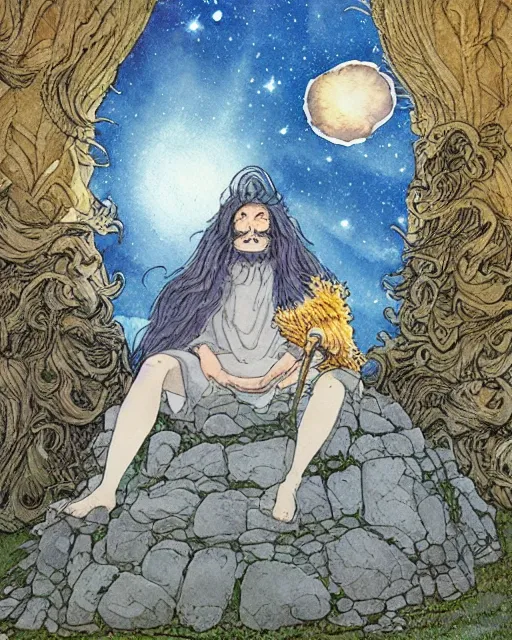 Image similar to a hyperrealist studio ghibli watercolor fantasy concept art of a giant long haired grey witch in lotus position sitting on top of stonehenge with a starry sky in the background. a ufo is in the sky. by rebecca guay, michael kaluta, charles vess