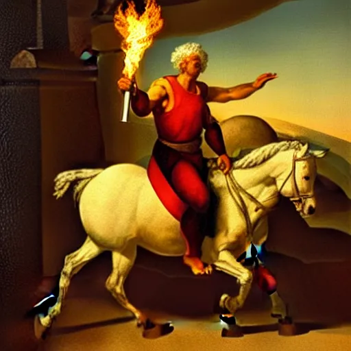 Image similar to painting of yair lapid holding a flaming torch and riding a white mule at the gates of jerusalem, in the style of michaelangelo, intricate, high detail