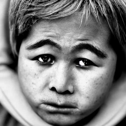 Image similar to portrait of down syndrome xqc, taken by steve mccurry, sharp focus, 4 k editorial photograph, soft lighting, black background