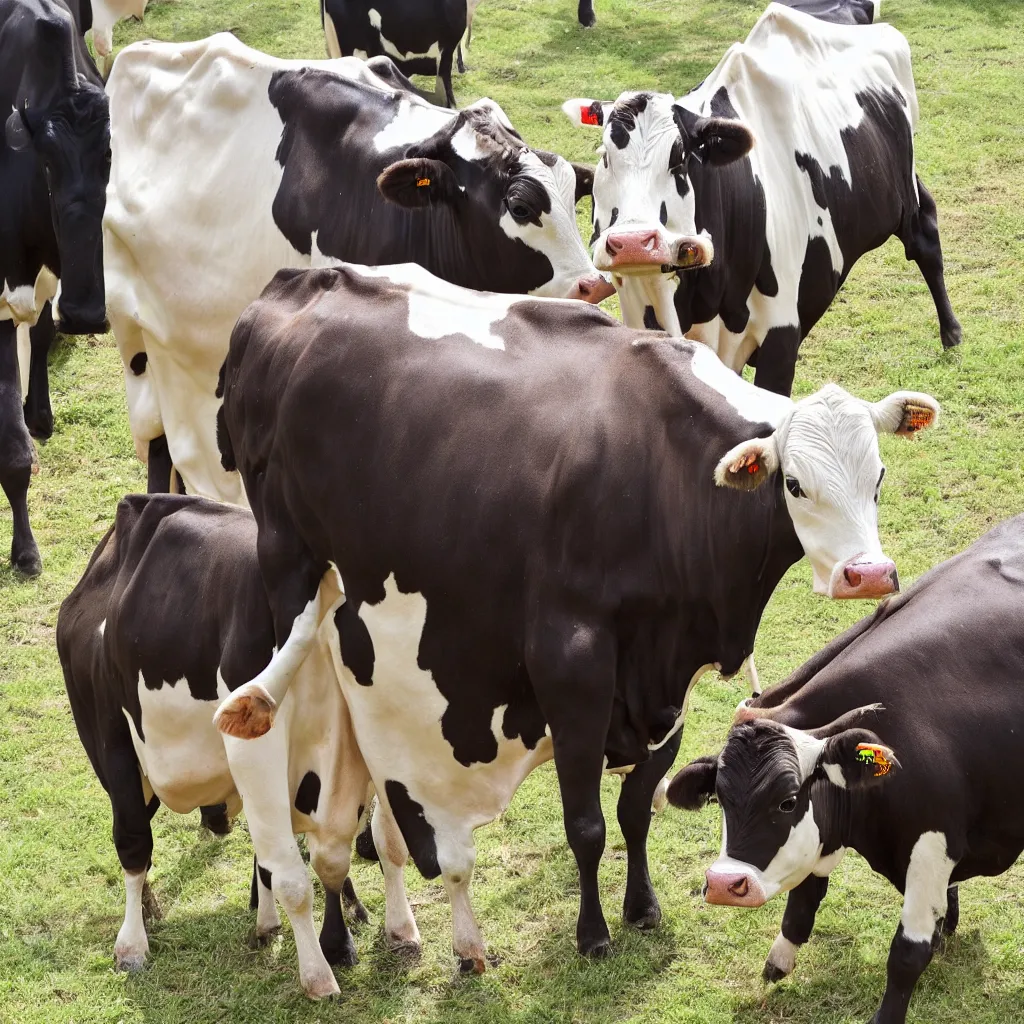 Image similar to a single cow with very large udders, she is spraying milk everywhere