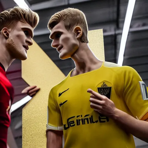 Image similar to a realistic detailed photo of a guy who is an attractive humanoid who is half robot and half humanoid, who is a male android, soccer players martin ødegaard & timo werner, shiny skin, posing like a statue, blank stare, in a factory, on display, showing off his muscles, gold soccer shorts, side view, looking at each other mindlessly